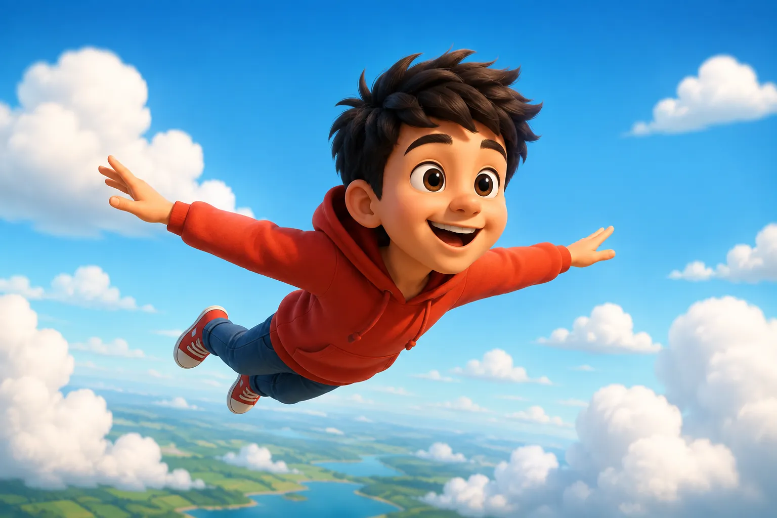 An animated boy in a red hoodie flying arms-outstretched through a blue sky above a green landscape.